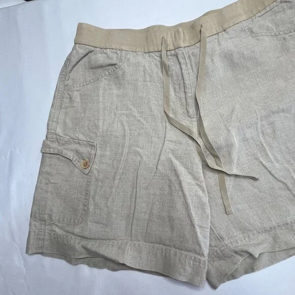 J. Jill Elastic Tie Waist Linen Khaki Cargo Shorts Size 10 - Picture 2 of 8